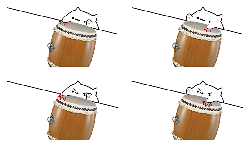 An image of four of the five frames of animation Taiko Cat uses